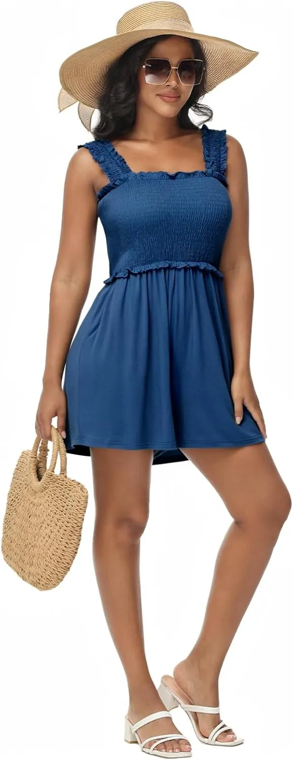 Tanou Women's Summer Casual Smocked Rompers Square Neck Sleeveless Loose Short Jumpsuit Flowy Beach Outfits with Pockets