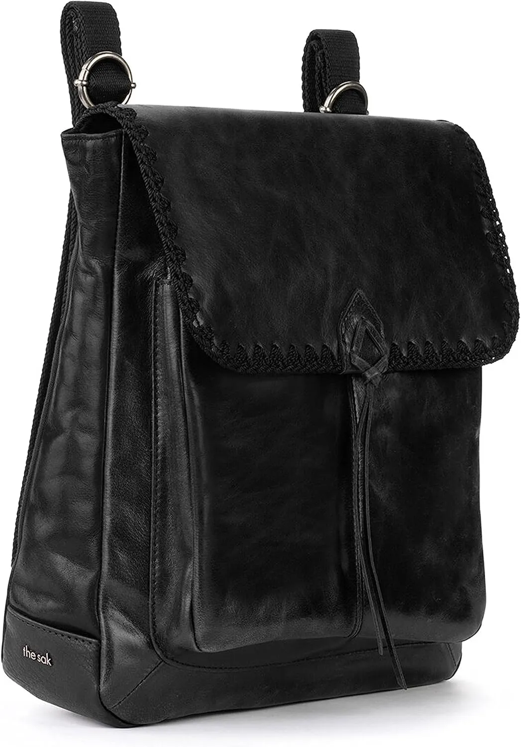 The Sak Ventura Backpack in Leather, Adjustable Convertible Strap, Black Crochet