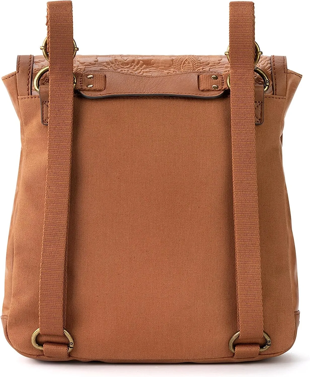 The Sak Ventura Backpack in Leather, Adjustable Convertible Strap, Tobacco Floral Emboss