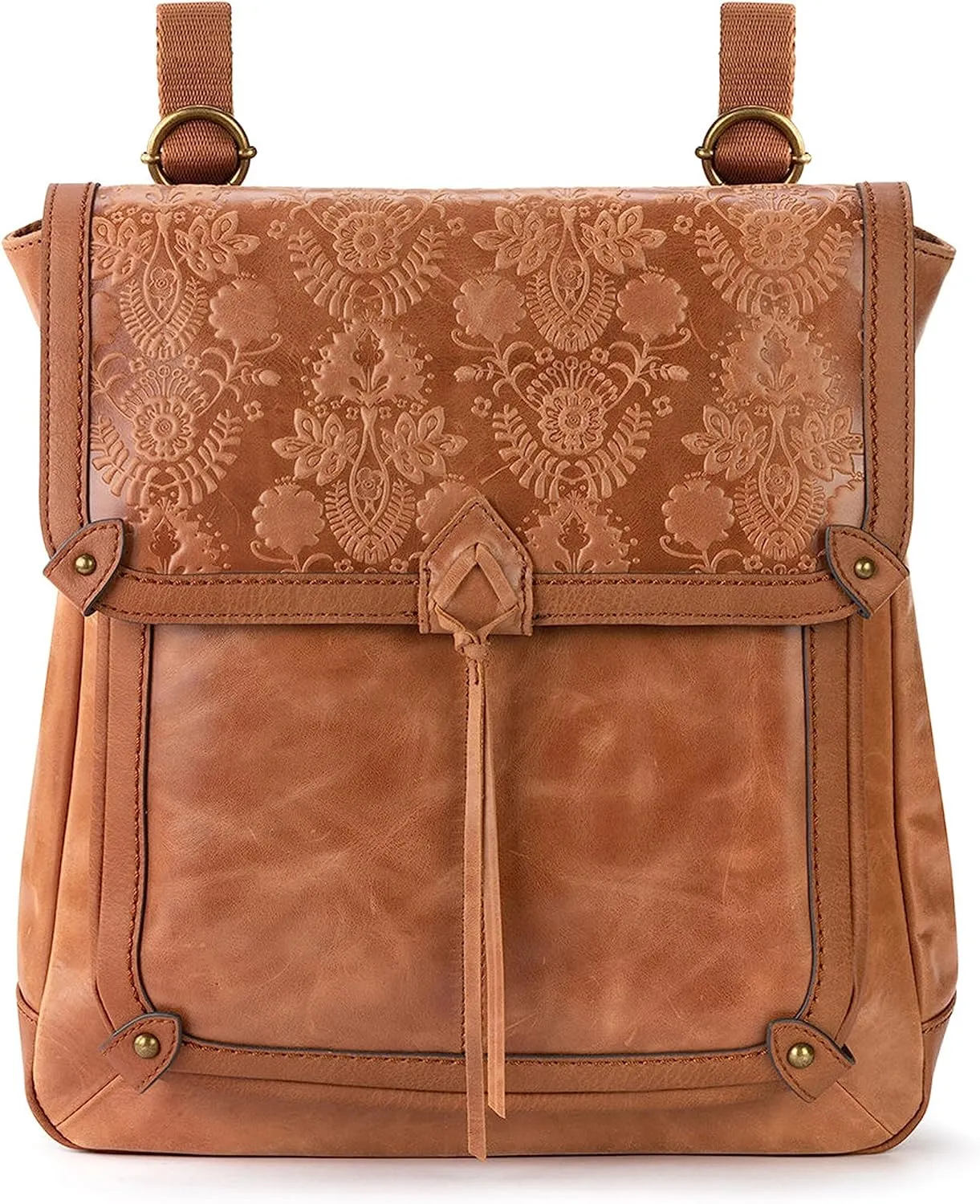 The Sak Ventura Backpack in Leather, Adjustable Convertible Strap, Tobacco Floral Emboss