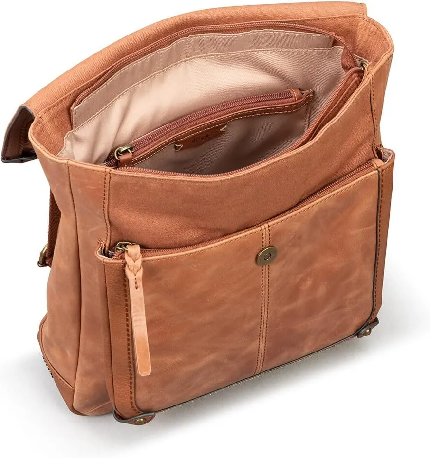 The Sak Ventura Backpack in Leather, Adjustable Convertible Strap, Tobacco Floral Emboss
