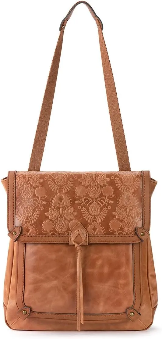 The Sak Ventura Backpack in Leather, Adjustable Convertible Strap, Tobacco Floral Emboss