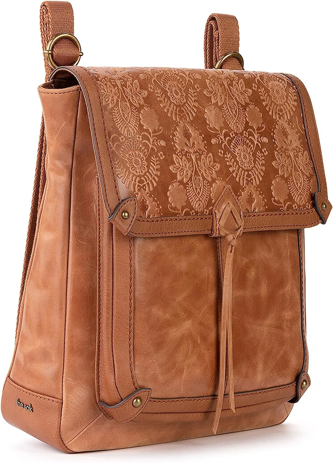 The Sak Ventura Backpack in Leather, Adjustable Convertible Strap, Tobacco Floral Emboss