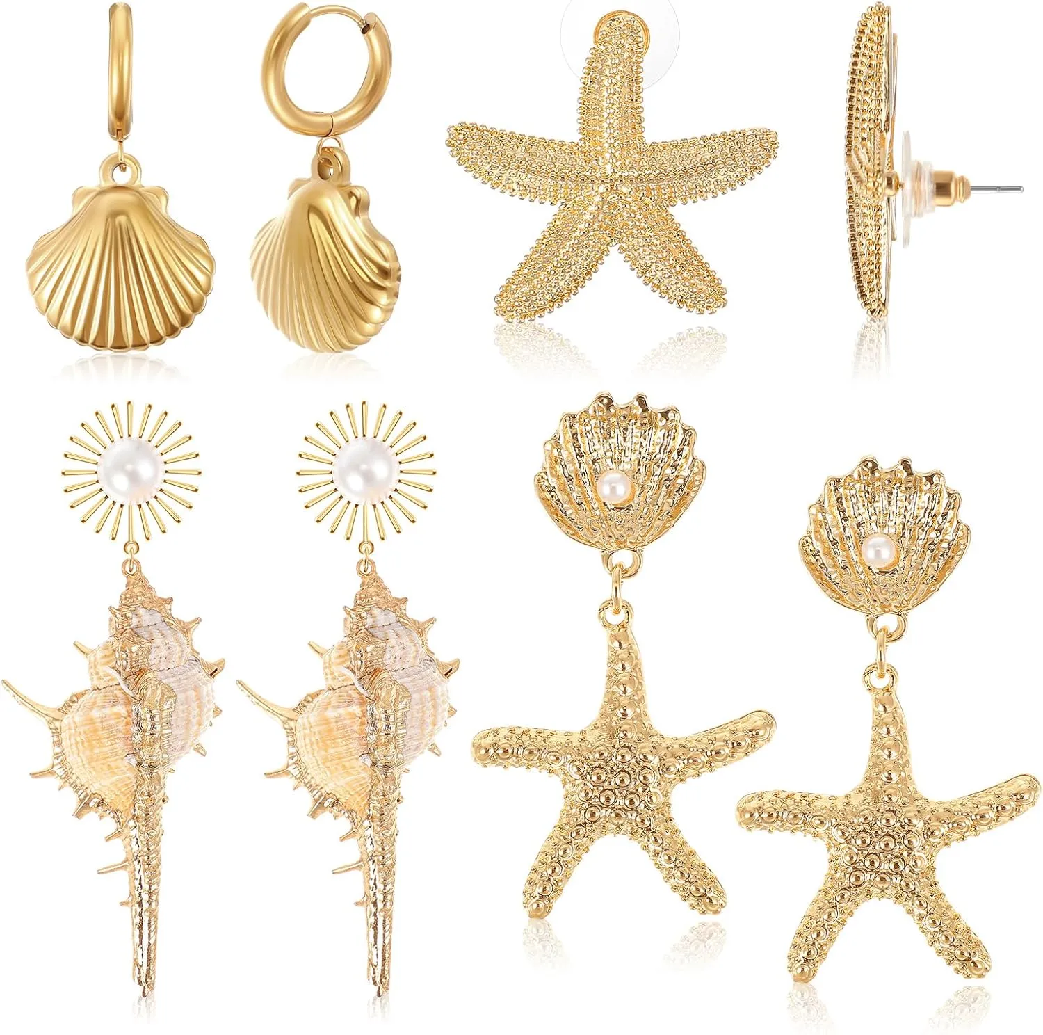 Tondiamo 4 Pairs Earrings Set Clam Shell Starfish Conch Sea Shell Charm Cowrie Earrings Pearl Ear Stud Starfish Jewelry Summer Ocean Themed Ear Accessories for Women