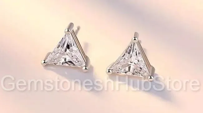 Triangle cut 8mm Cubic Zirconia Studs 925 Sterling Silver Stud Earrings Dainty Minimalist Studs Gemstone Studs Gift For Her (Black)