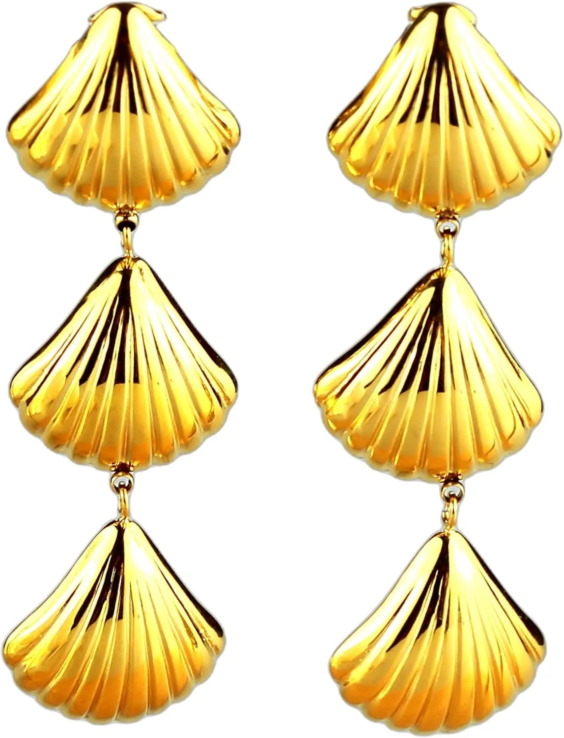 Triple Shell Drop Dangle Earrings, Gold Plated, Seashell Design, Statement Fashion Jewelry