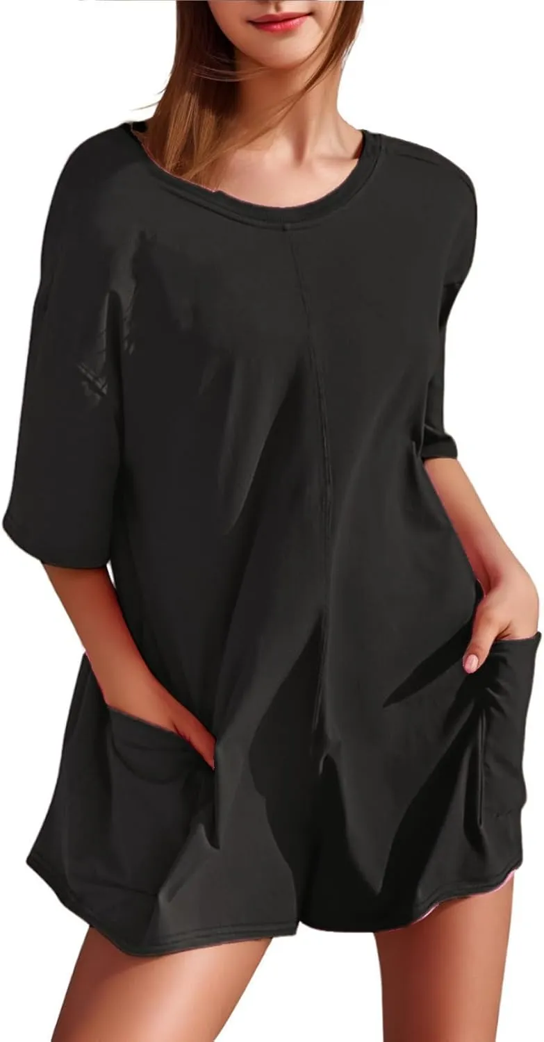 Tshirts Rompers for Women Casual Short Sleeve Back V Neck Oversized Pocket Shorts Overall Romper Cute Jumpsuits