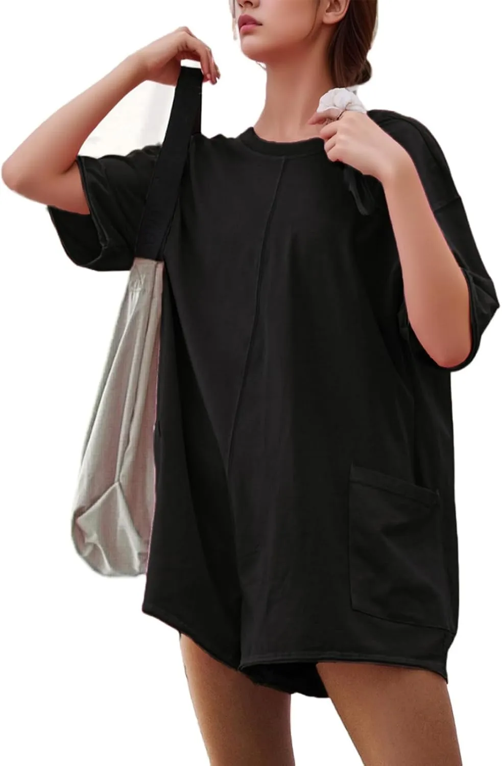 Tshirts Rompers for Women Casual Short Sleeve Back V Neck Oversized Pocket Shorts Overall Romper Cute Jumpsuits