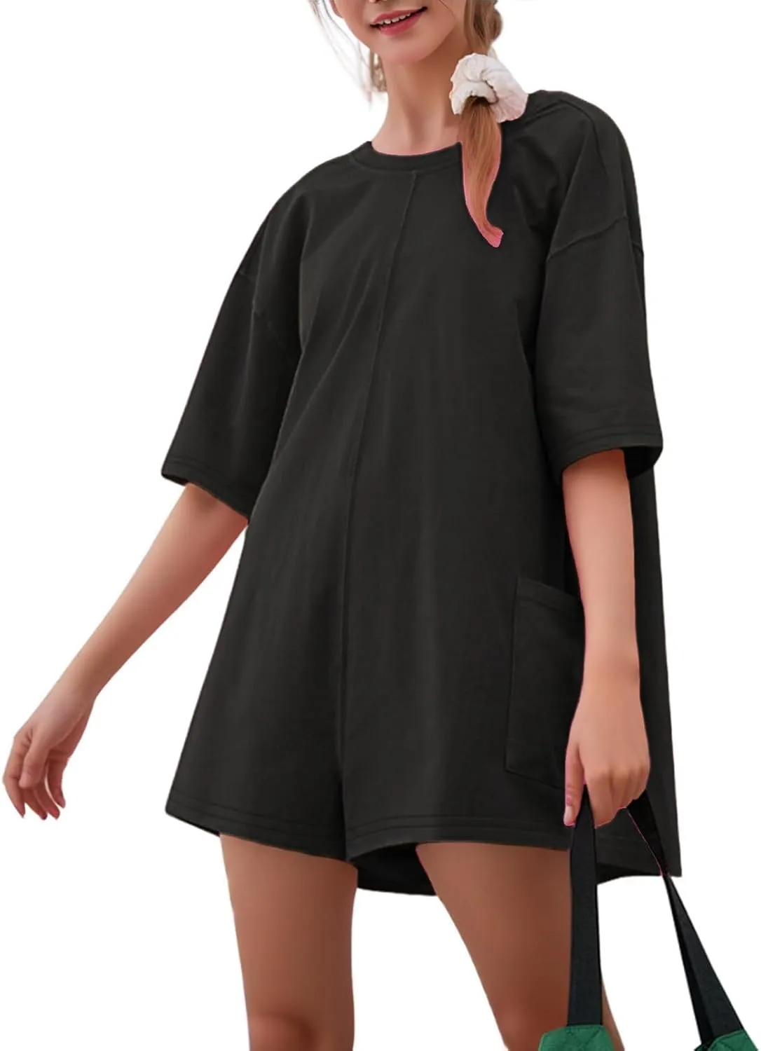 Tshirts Rompers for Women Casual Short Sleeve Back V Neck Oversized Pocket Shorts Overall Romper Cute Jumpsuits
