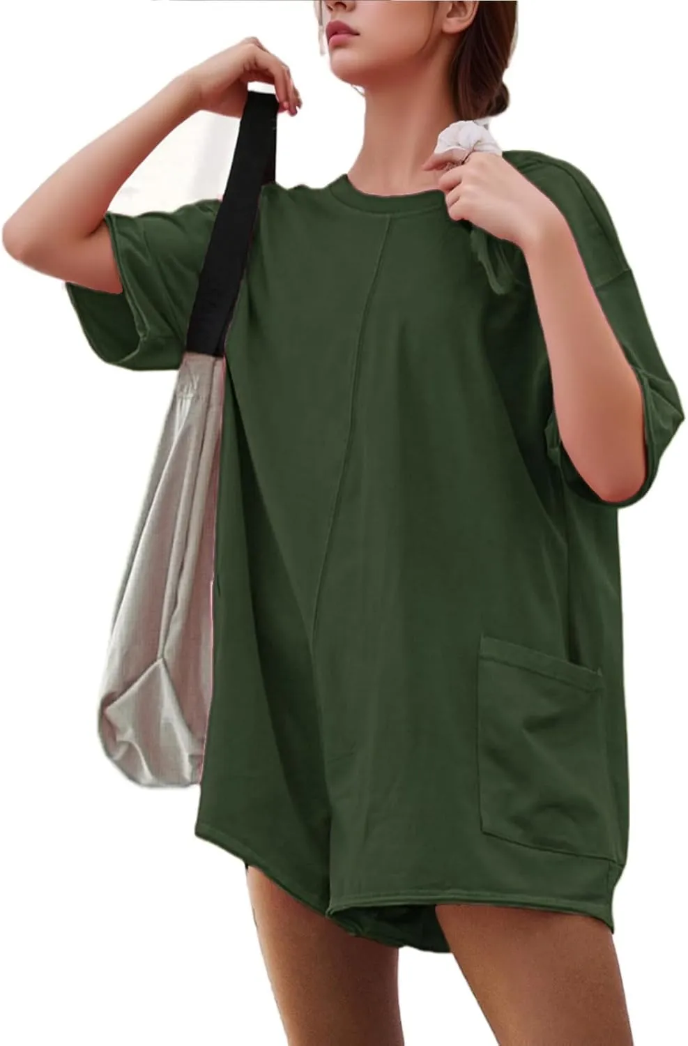 Tshirts Rompers for Women Casual Short Sleeve Back V Neck Oversized Pocket Shorts Overall Romper Cute Jumpsuits
