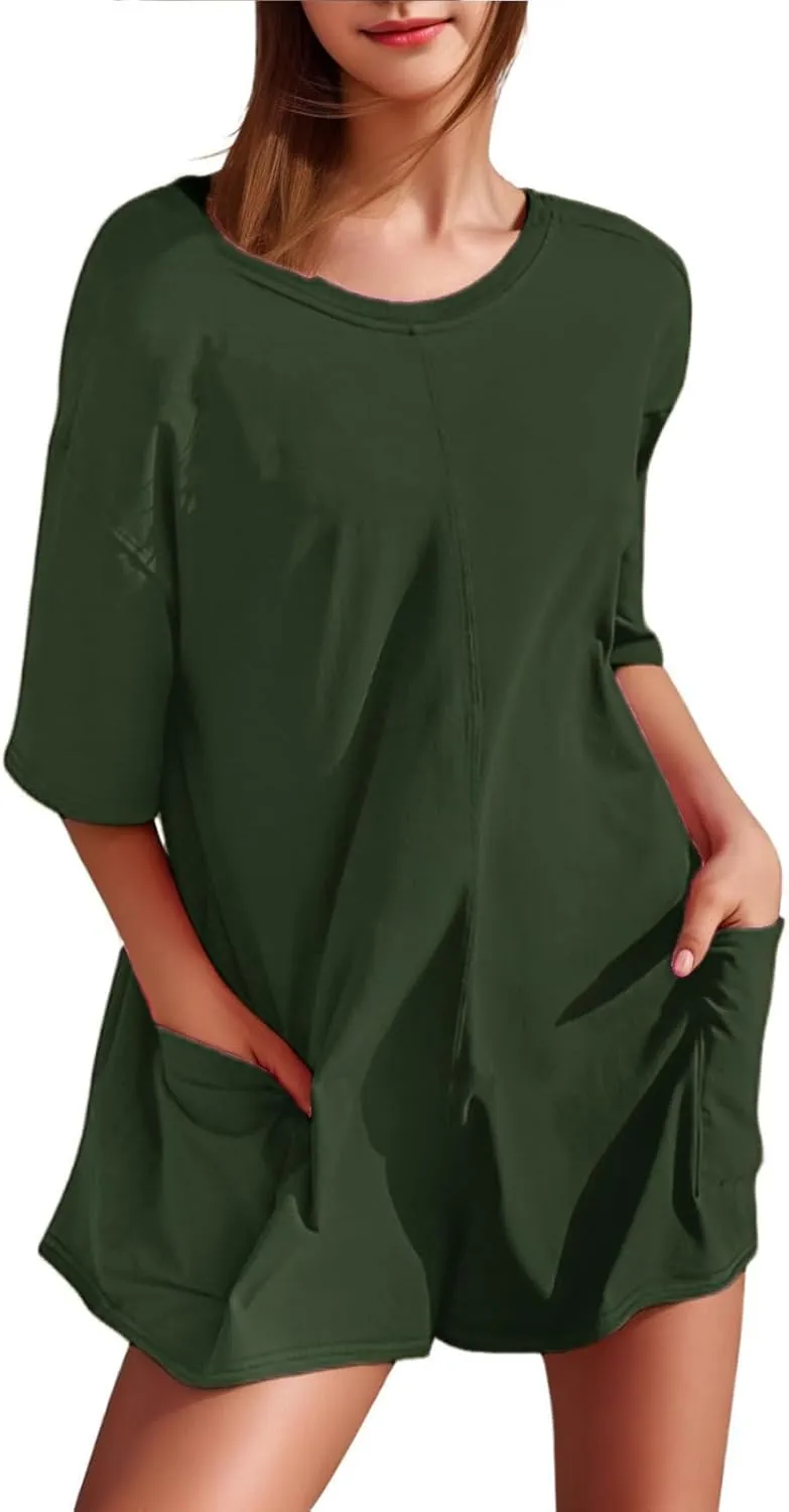 Tshirts Rompers for Women Casual Short Sleeve Back V Neck Oversized Pocket Shorts Overall Romper Cute Jumpsuits