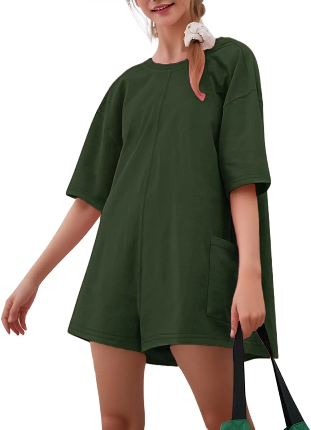 Tshirts Rompers for Women Casual Short Sleeve Back V Neck Oversized Pocket Shorts Overall Romper Cute Jumpsuits