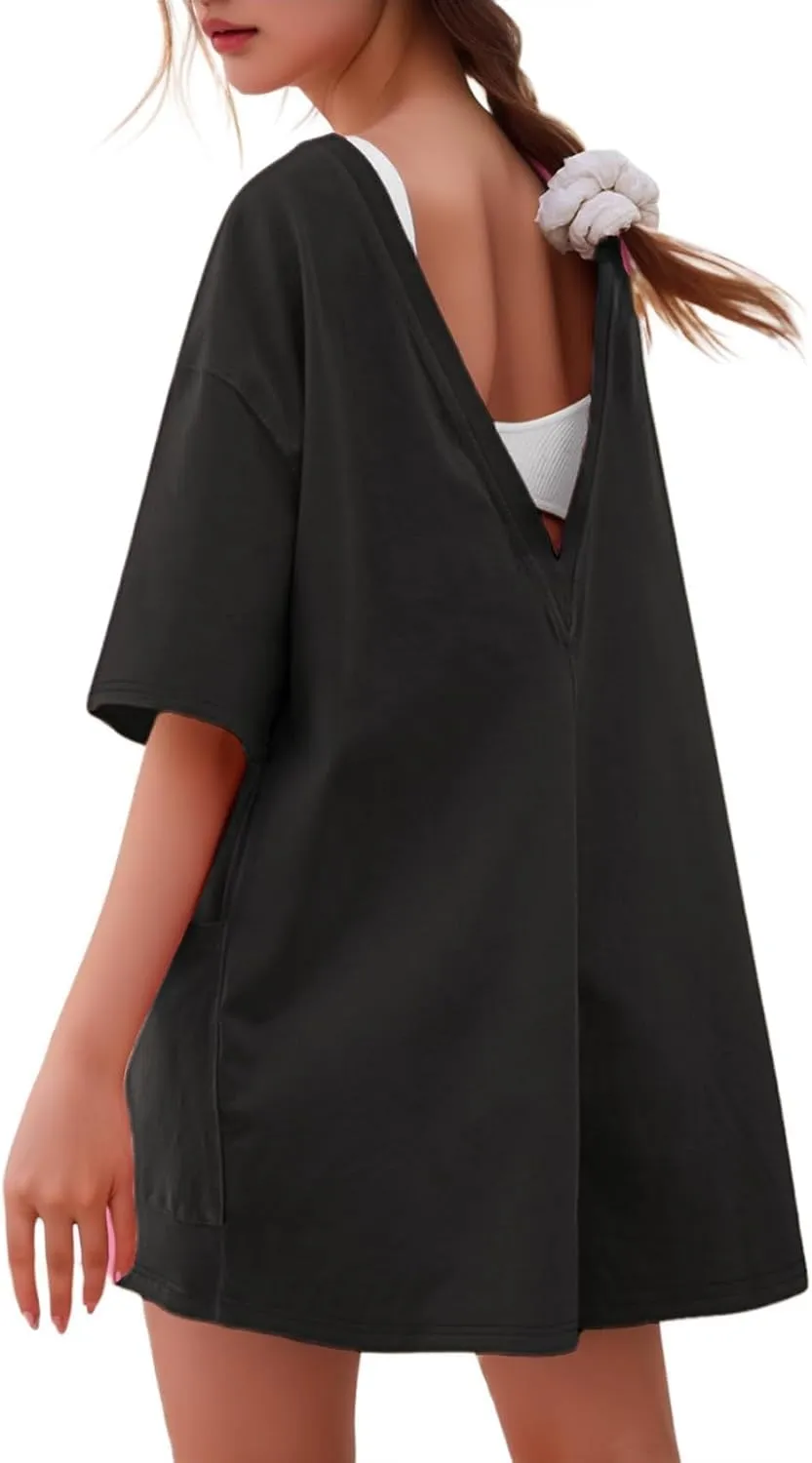 Tshirts Rompers for Women Casual Short Sleeve Back V Neck Oversized Pocket Shorts Overall Romper Cute Jumpsuits