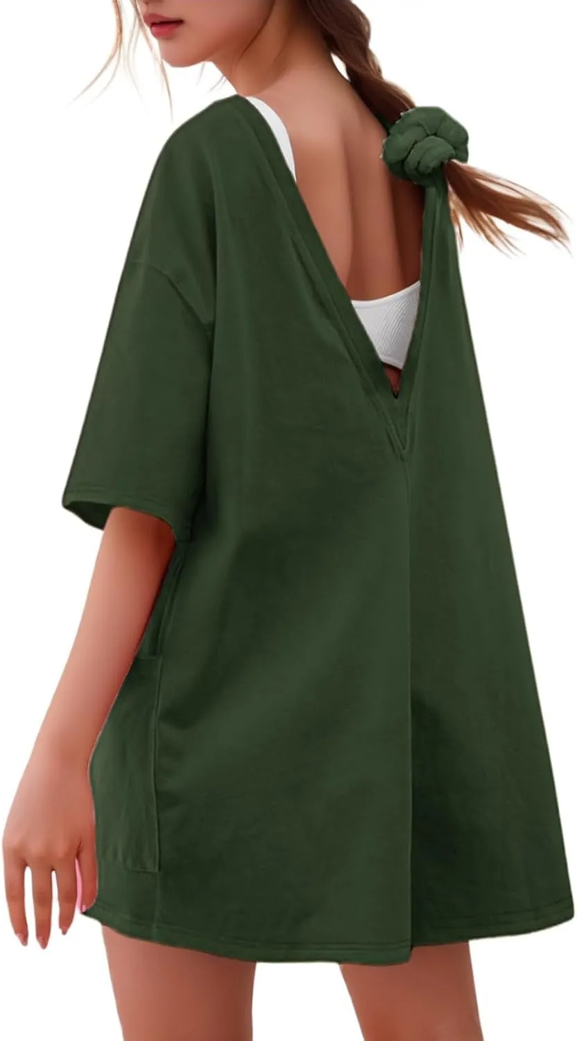 Tshirts Rompers for Women Casual Short Sleeve Back V Neck Oversized Pocket Shorts Overall Romper Cute Jumpsuits