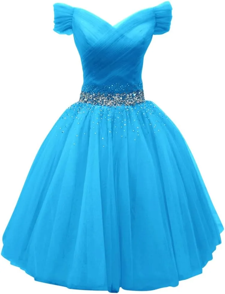 Tulle Homecoming Dresses for Teens Off Shoulder Short Prom Dresses Sparkly Beaded Cocktail Gowns