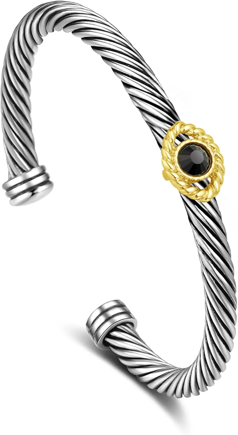 Twisted Cable Bracelet for Women, Evil Eye Two Tone Cable Wire Bracelet Bangle Silver Cuff Vintage Bracelets for Women Jewelry Gift