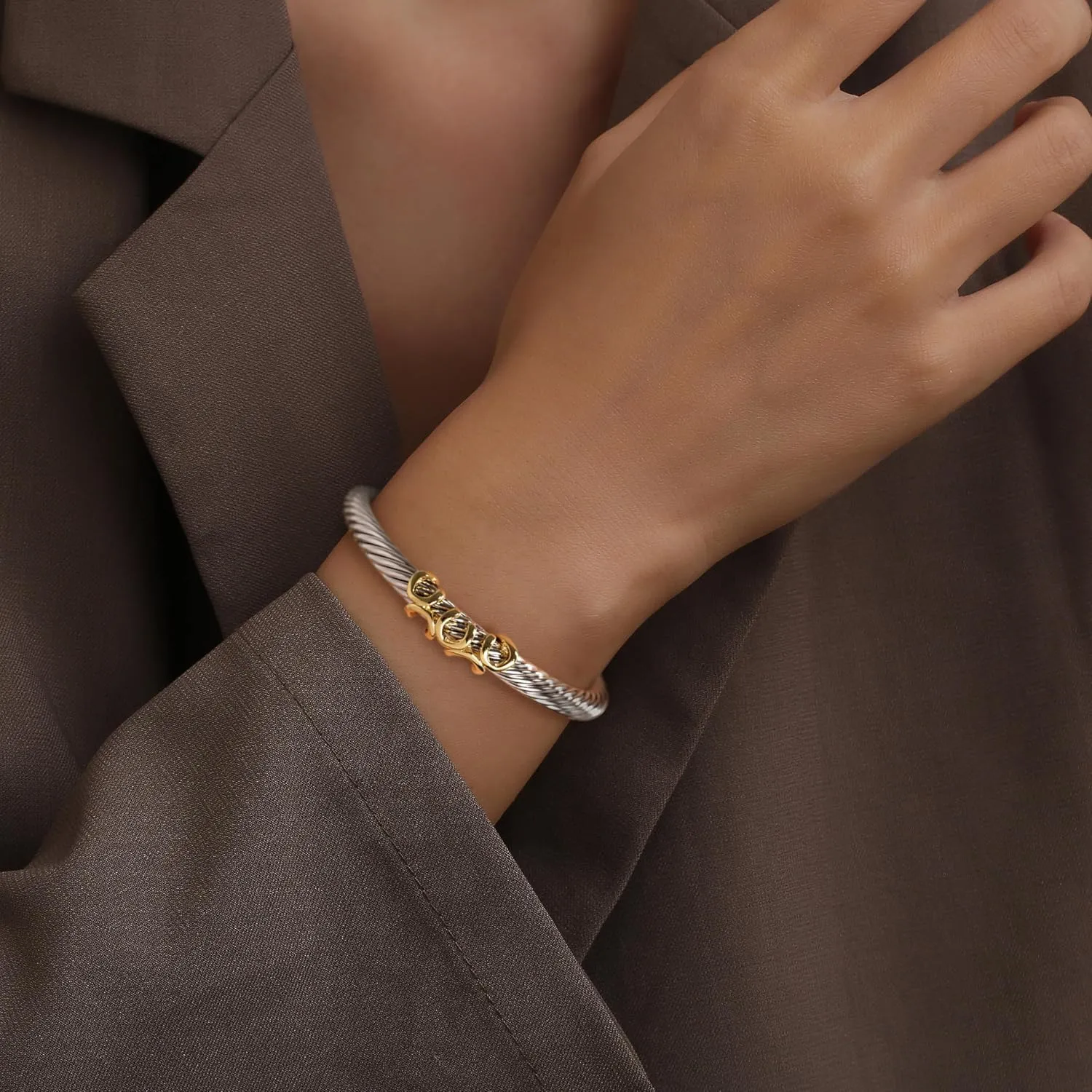 Twisted Cable Bracelets for Women - Two Tone Cuff Wire Bangle Bracelet - Silver Cuff Knot Vintage Style Jewelry Gift for Her