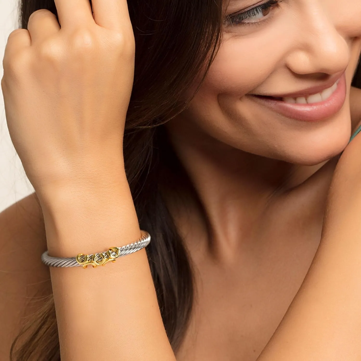 Twisted Cable Bracelets for Women - Two Tone Cuff Wire Bangle Bracelet - Silver Cuff Knot Vintage Style Jewelry Gift for Her