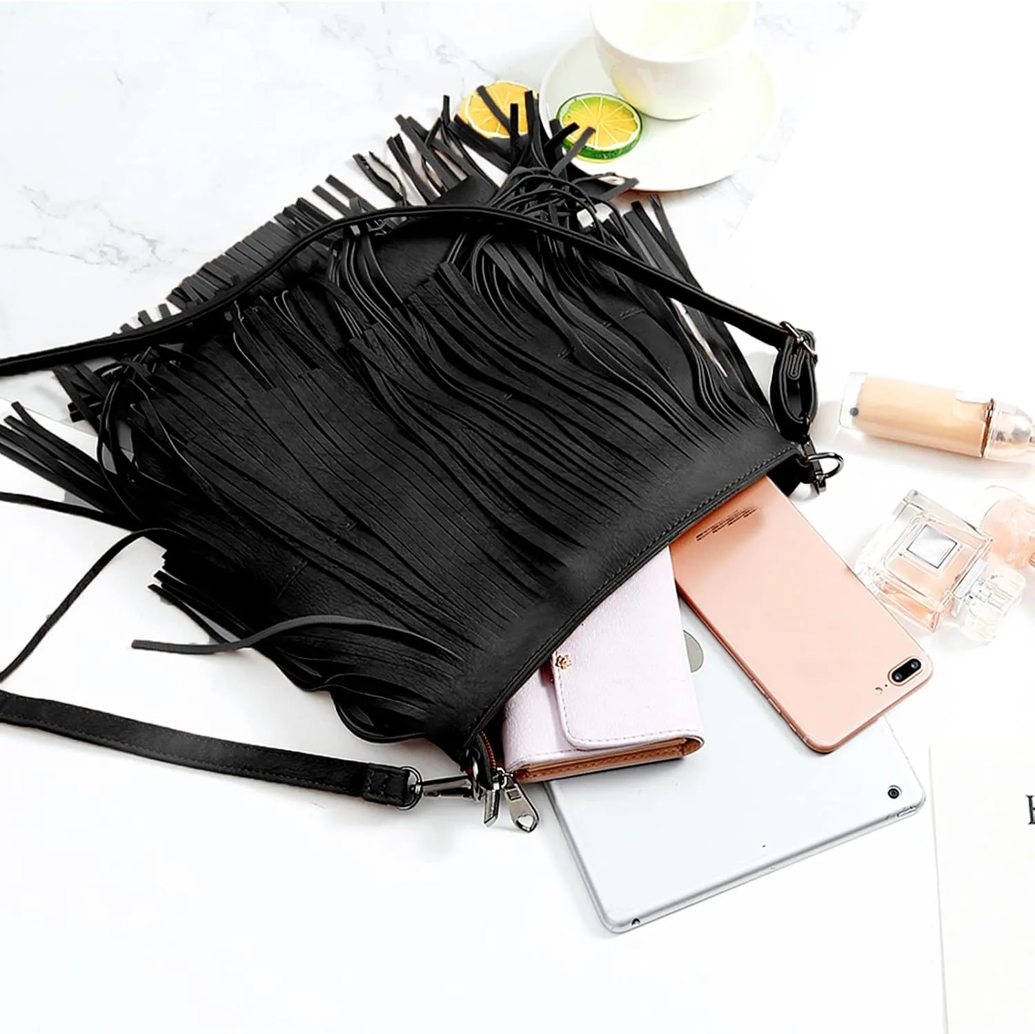 Vintage Fringe Purse Fringe Hobo Bags for Women Vegan Leather Tassel Hippie Crossbody Bag