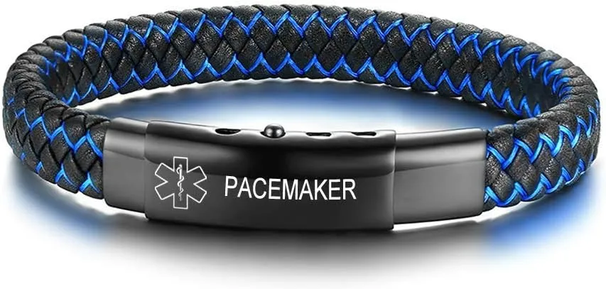 VNOX PACEMAKER Medical Bracelet Handmade Braided Two-Tone Adjustable Leather Emergency Medical Alert ID Bracelets Wristband for Men