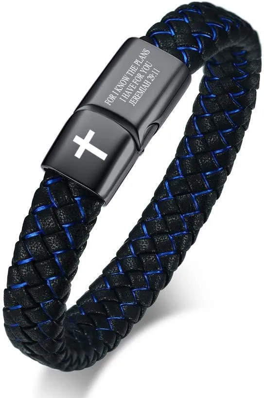 VNOX Personalized Cross Inspirational Christian Quote Two-Tone Braided Leather Bracelet Cuff Bangle Wristband Bible Verse Bracelet Gift for Men Boys