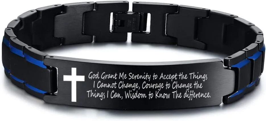 VNOX Personalized Custom Religous Quote Two Tone Blue Stainless Steel Link Bracelet Motivational Inspirational Gifts for Men Boys