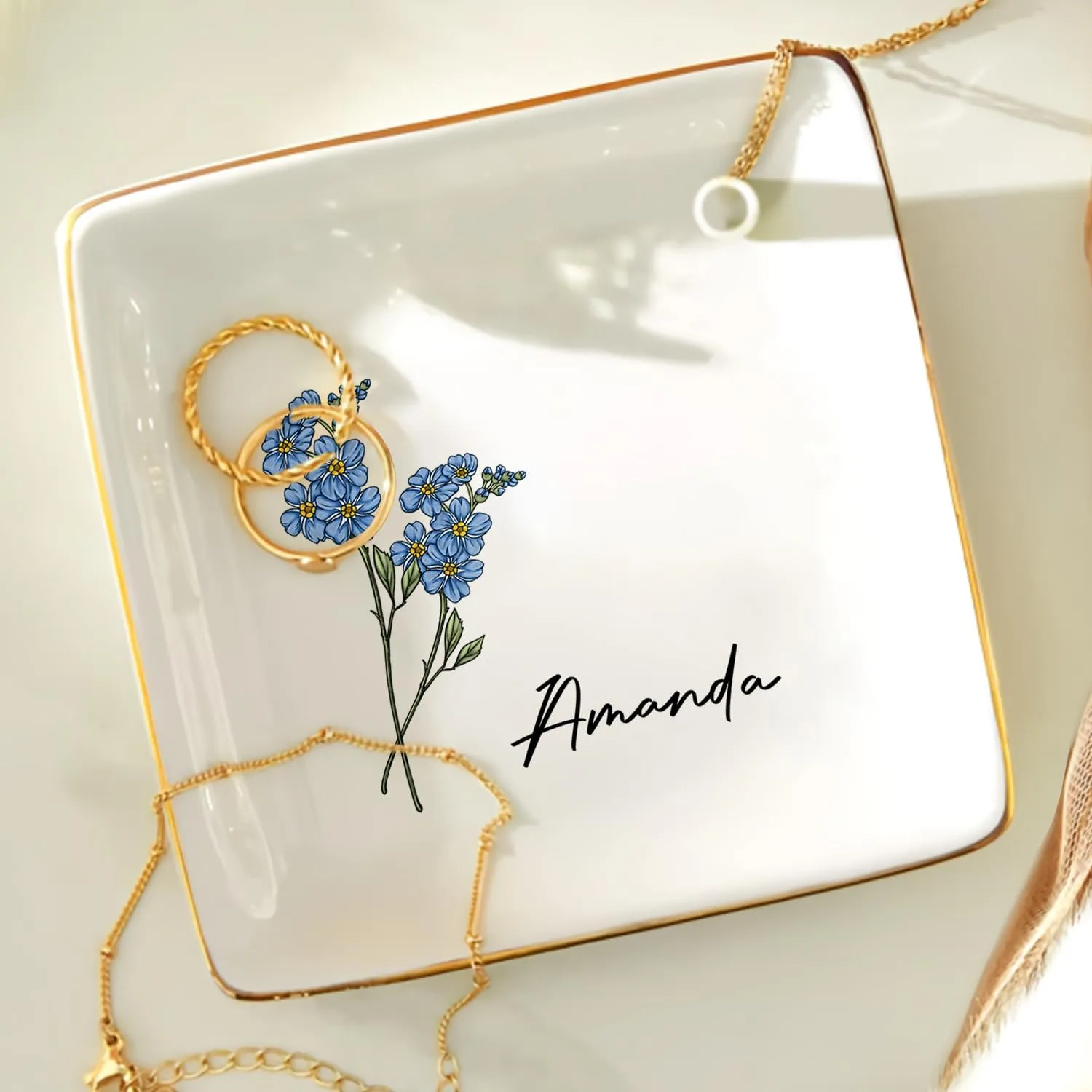 WANDER PRINTS Personalized Ring Dish - Gift For Women, Mother Day, Valentine, Thanksgiving, Christmas, Birthdays, Anniversary - Birth Flower For Women