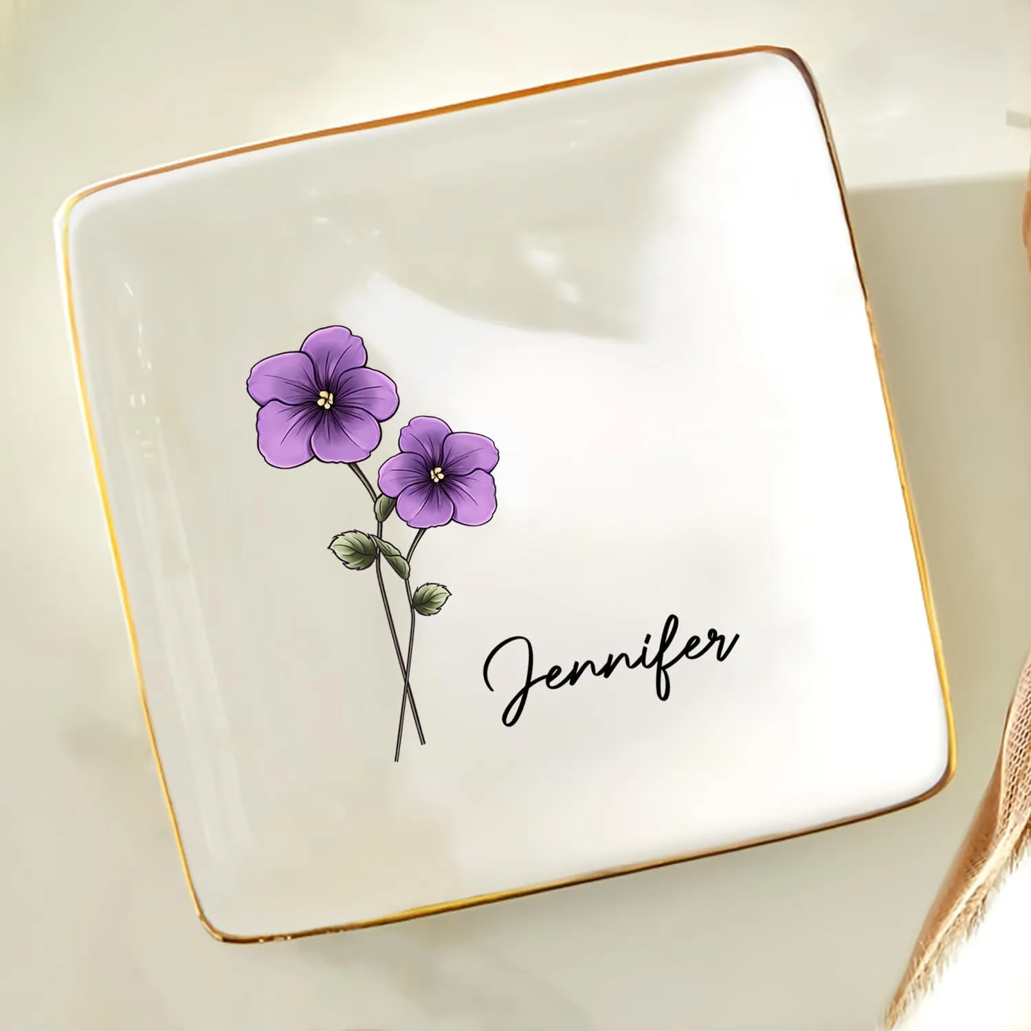 WANDER PRINTS Personalized Ring Dish - Gift For Women, Mother Day, Valentine, Thanksgiving, Christmas, Birthdays, Anniversary - Birth Flower For Women