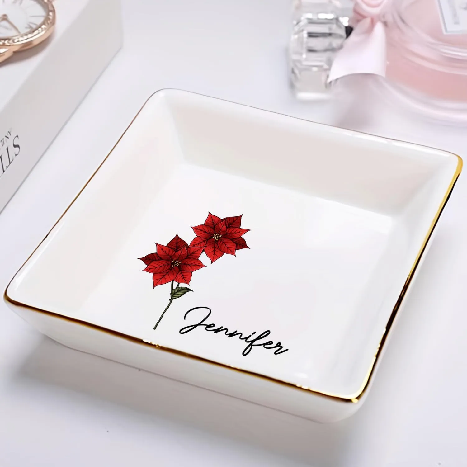 WANDER PRINTS Personalized Ring Dish - Gift For Women, Mother Day, Valentine, Thanksgiving, Christmas, Birthdays, Anniversary - Birth Flower For Women