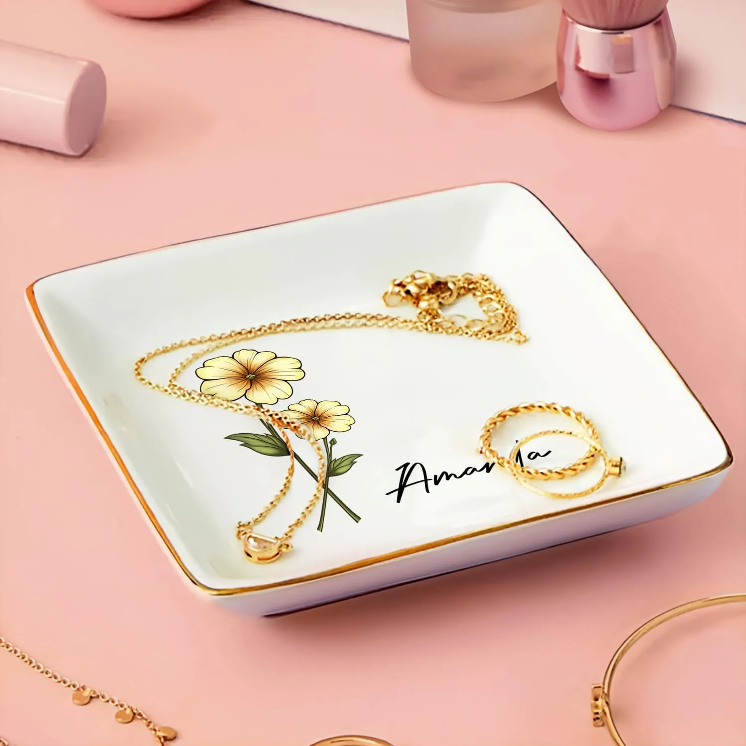 WANDER PRINTS Personalized Ring Dish - Gift For Women, Mother Day, Valentine, Thanksgiving, Christmas, Birthdays, Anniversary - Birth Flower For Women