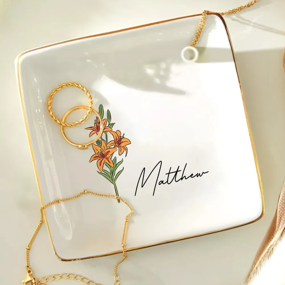 WANDER PRINTS Personalized Ring Dish - Gift for Women, Mother Day, Valentine, Thanksgiving, Christmas, Birthdays, Anniversary - Birth Flowers for Women