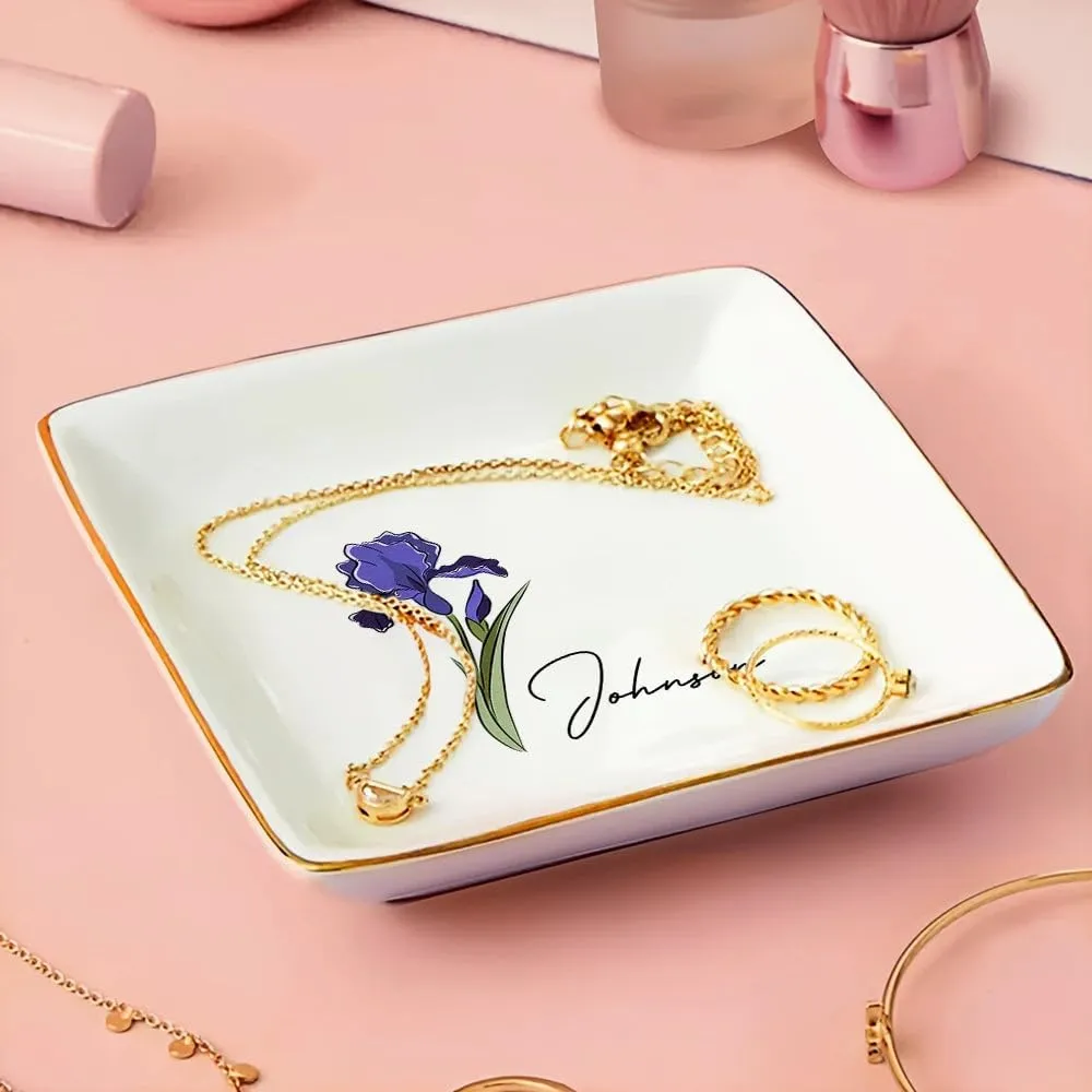 WANDER PRINTS Personalized Ring Dish - Gift for Women, Mother Day, Valentine, Thanksgiving, Christmas, Birthdays, Anniversary - Birth Flowers for Women