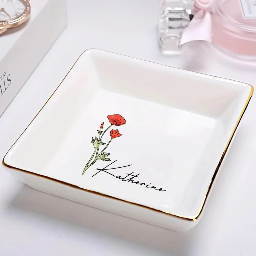WANDER PRINTS Personalized Ring Dish - Gift for Women, Mother Day, Valentine, Thanksgiving, Christmas, Birthdays, Anniversary - Birth Flowers for Women