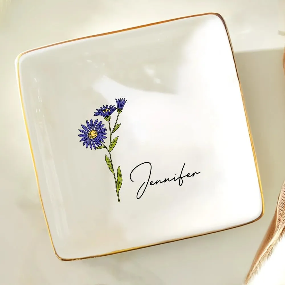 WANDER PRINTS Personalized Ring Dish - Gift for Women, Mother Day, Valentine, Thanksgiving, Christmas, Birthdays, Anniversary - Birth Flowers for Women