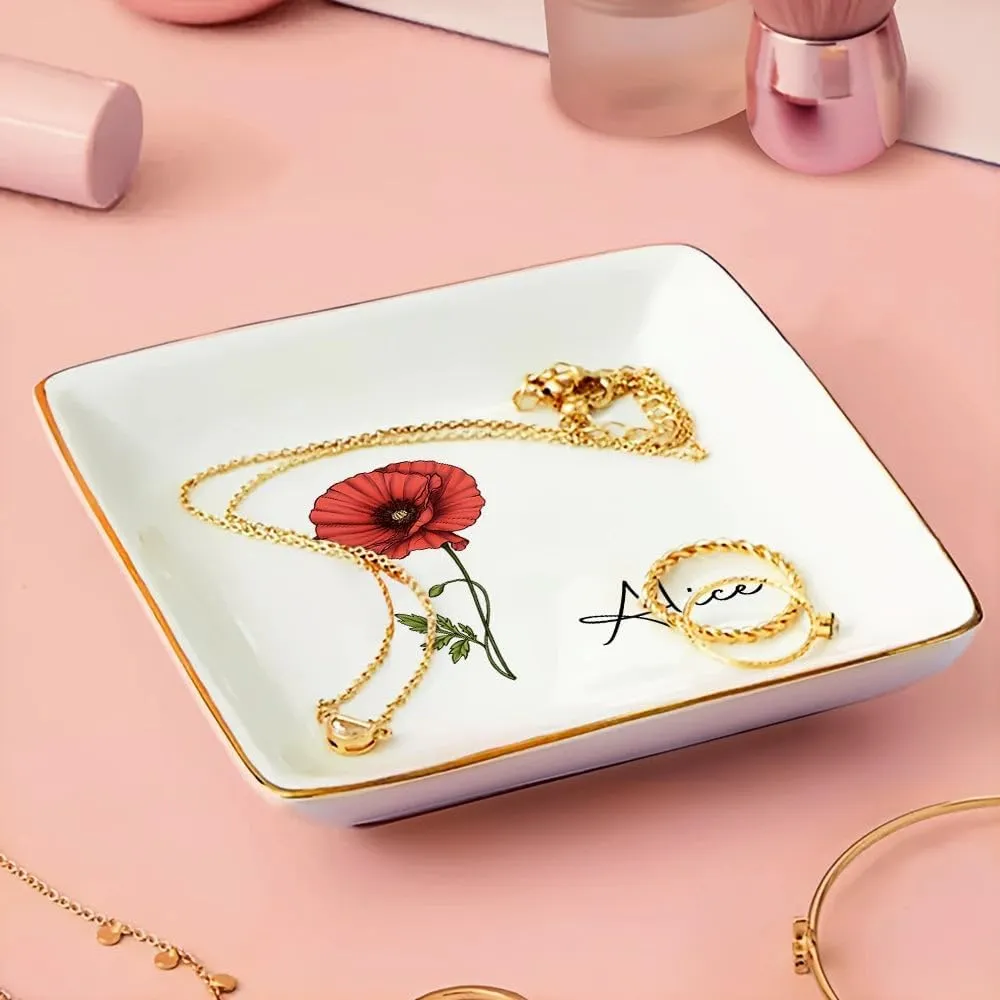 WANDER PRINTS Personalized Ring Dish - Gift for Women, Mother Day, Valentine, Thanksgiving, Christmas, Birthdays, Anniversary - Birth Month Flowers Bloom Where You're Planted