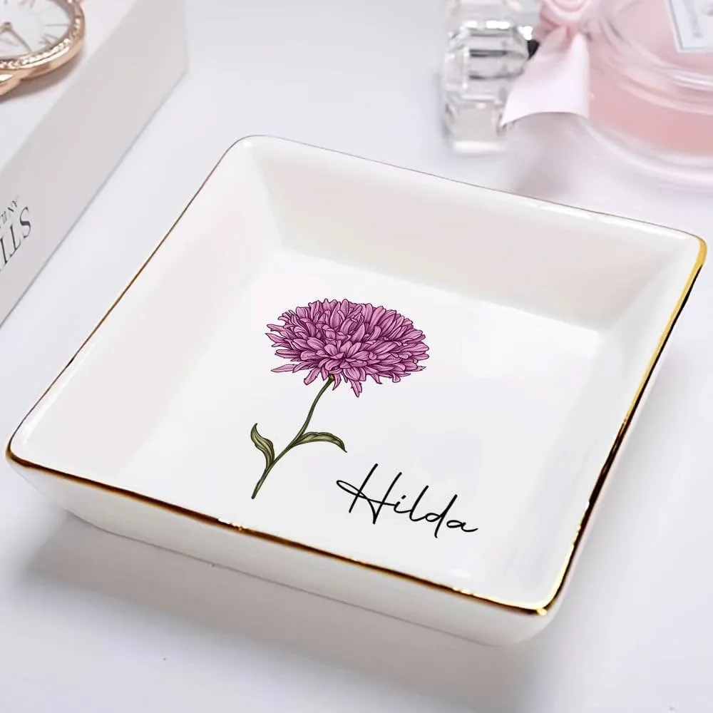 WANDER PRINTS Personalized Ring Dish - Gift for Women, Mother Day, Valentine, Thanksgiving, Christmas, Birthdays, Anniversary - Birth Month Flowers Bloom Where You're Planted