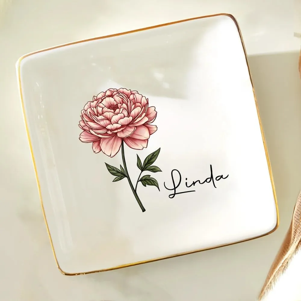 WANDER PRINTS Personalized Ring Dish - Gift for Women, Mother Day, Valentine, Thanksgiving, Christmas, Birthdays, Anniversary - Birth Month Flowers Bloom Where You're Planted
