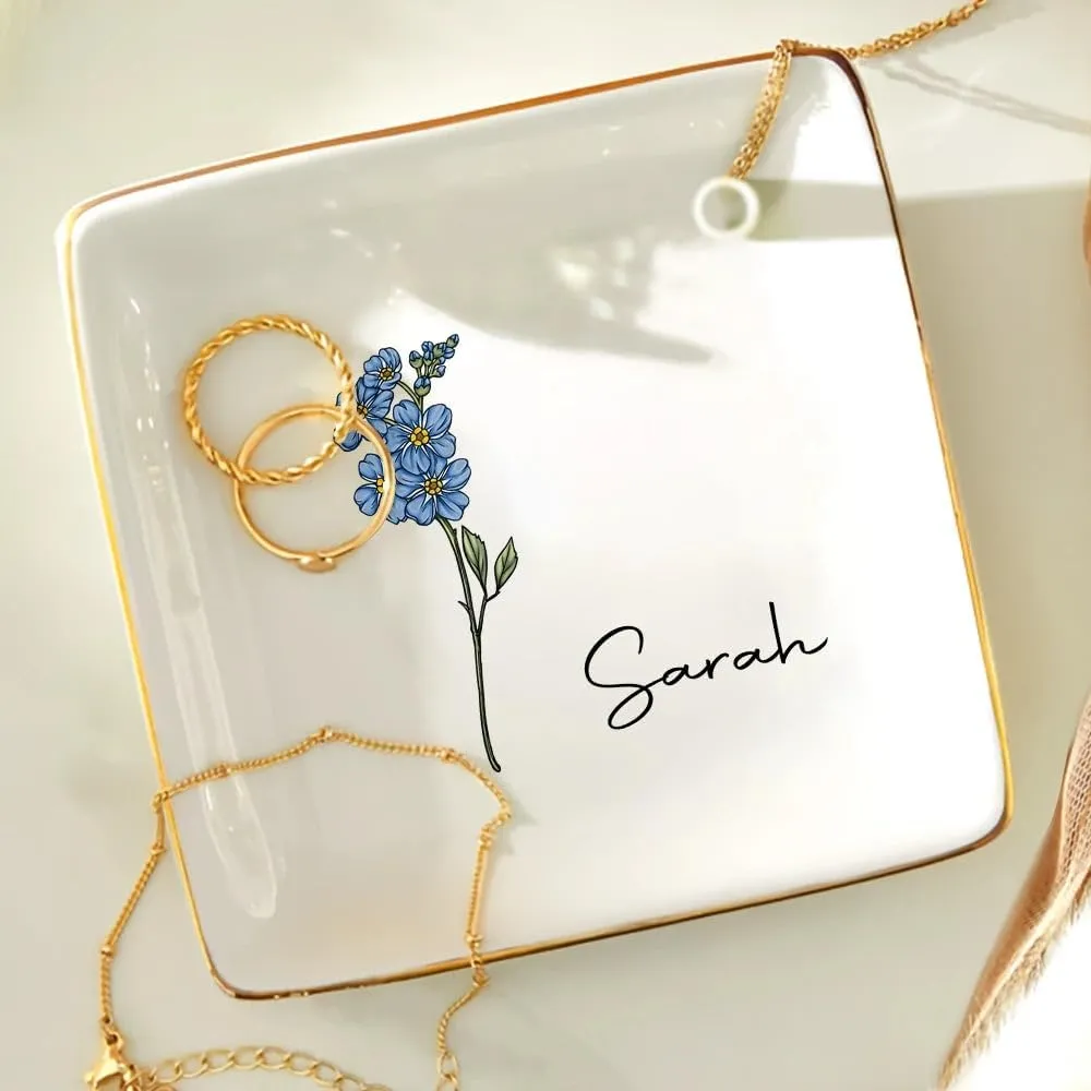 WANDER PRINTS Personalized Ring Dish - Gift for Women, Mother Day, Valentine, Thanksgiving, Christmas, Birthdays, Anniversary - Birth Month Flowers Bloom Where You're Planted