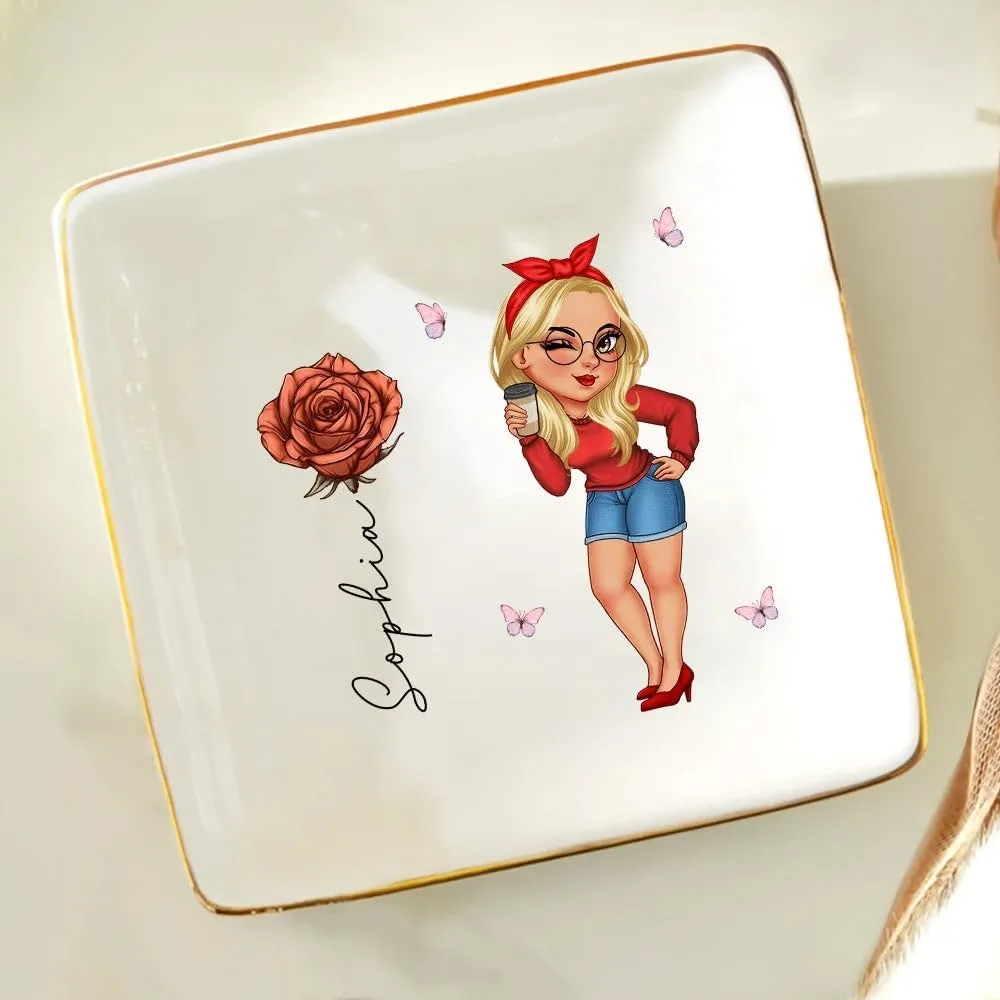 WANDER PRINTS Personalized Ring Dish - Gift For Women, Mother Day, Valentine, Thanksgiving, Christmas, Birthdays, Anniversary - Girl With Birth Flowers