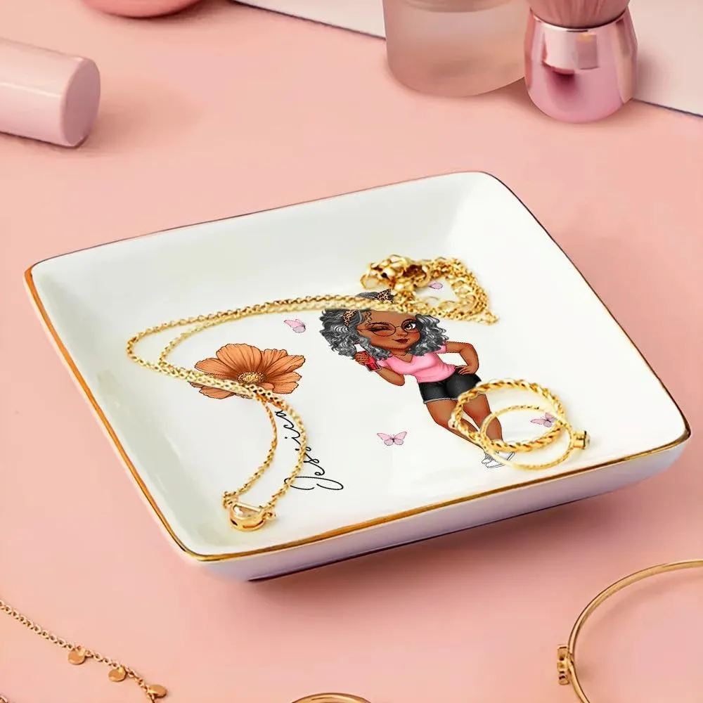 WANDER PRINTS Personalized Ring Dish - Gift For Women, Mother Day, Valentine, Thanksgiving, Christmas, Birthdays, Anniversary - Girl With Birth Flowers