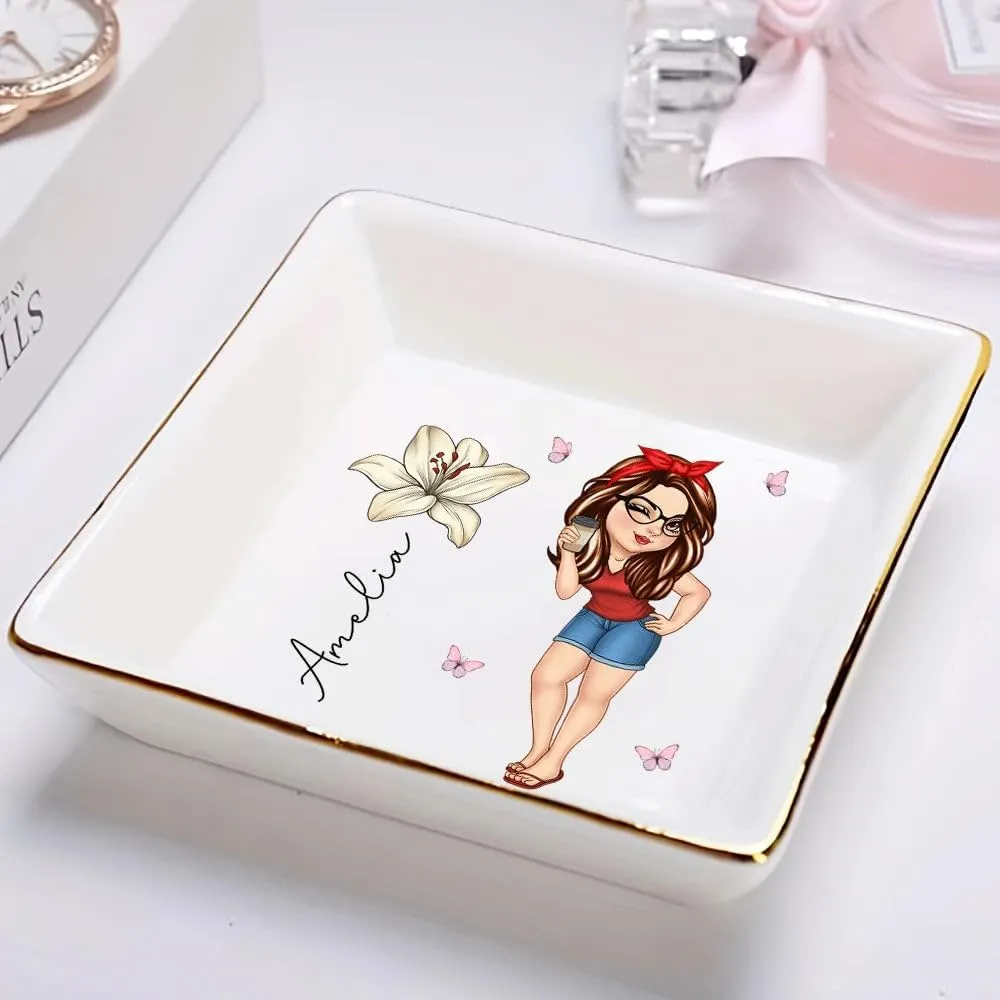 WANDER PRINTS Personalized Ring Dish - Gift For Women, Mother Day, Valentine, Thanksgiving, Christmas, Birthdays, Anniversary - Girl With Birth Flowers