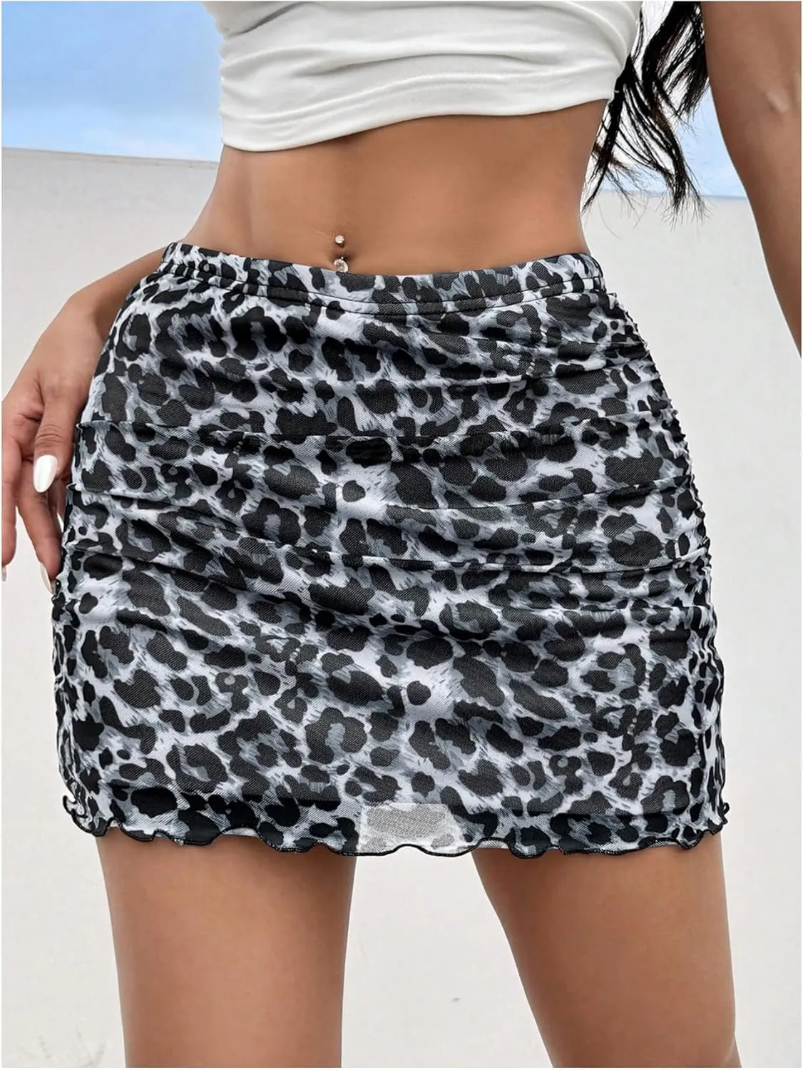 WDIRARA Women's Leopard Print Mesh Ruched A Line Skirts Lettuce Trim Mini Skirts