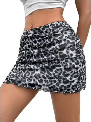 WDIRARA Women's Leopard Print Mesh Ruched A Line Skirts Lettuce Trim Mini Skirts