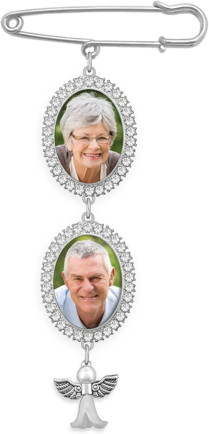 Wedding Bouquet Photo Charm Rhinestone Angel Pin Brooch Boutonniere Double Frame for Wedding Shower Bride