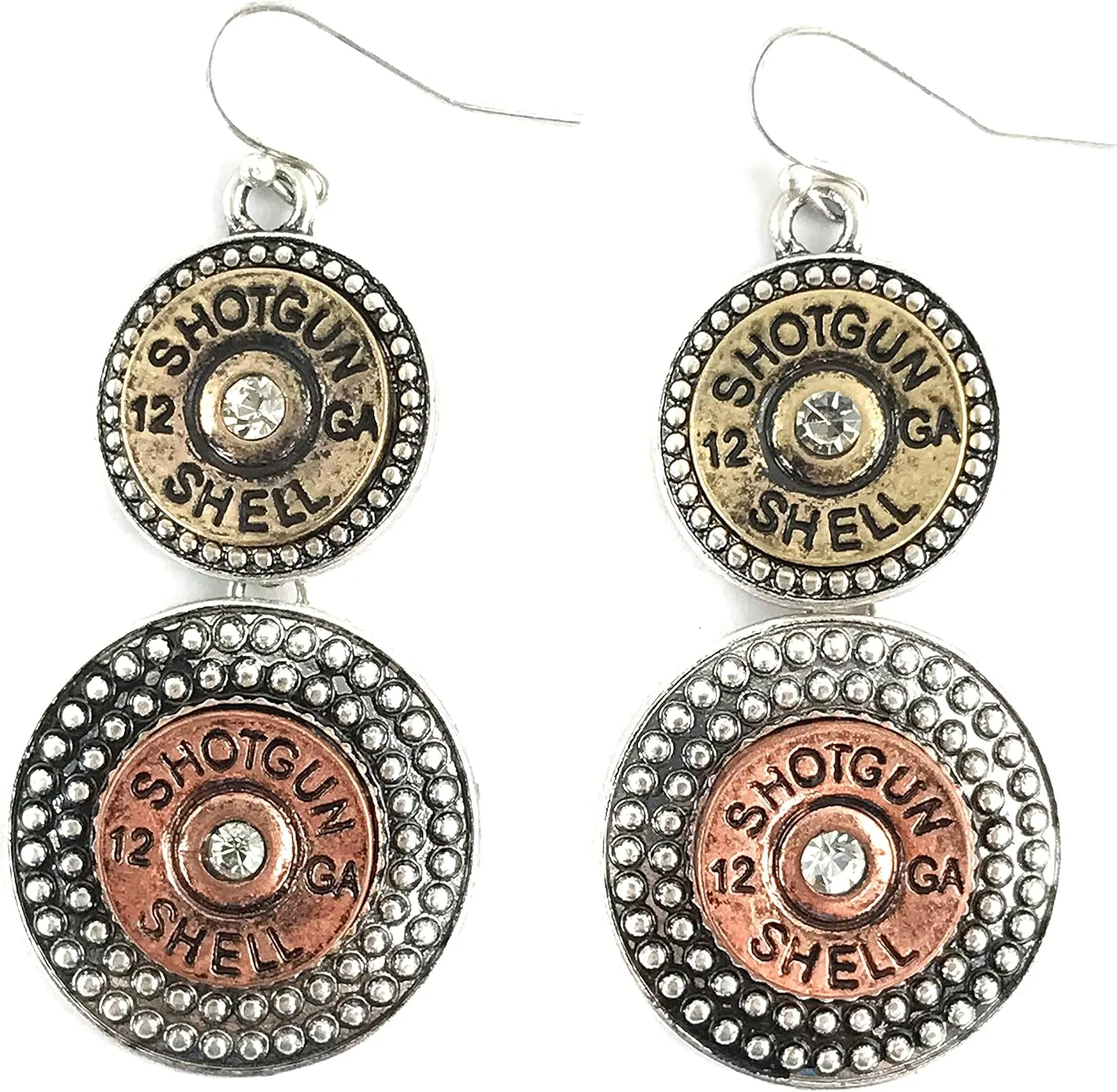 Western Collection Hammered Rhinestone 12 GA Bullet Shotgun Shell 20" Necklace with Earrings
