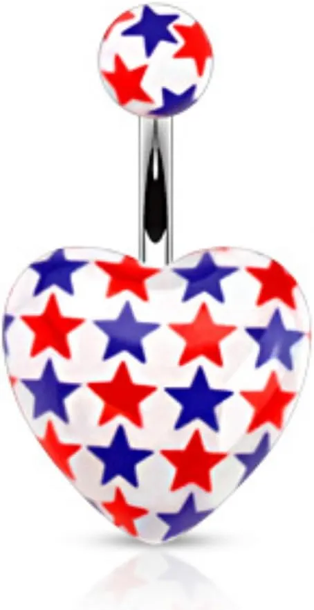White Acrylic Heart with Blue and Red Star Prints 316L Surgical Steel WildKlass Navel Ring (Sold by Piece)