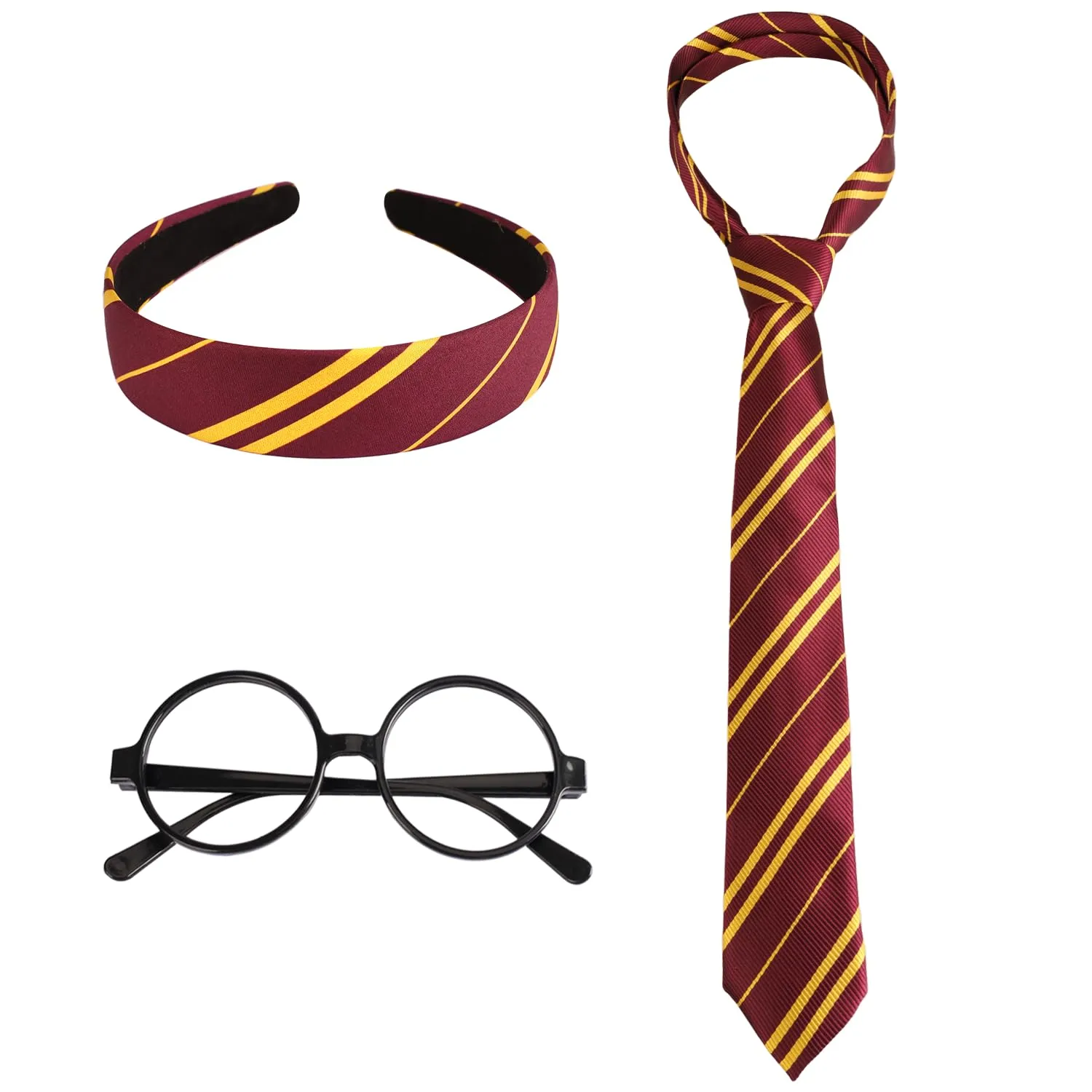 Wizard Accessory Set - Vibrant Burgundy and Yellow Striped Hairband, Tie and Novelty Eyeglasses Frames, Birthday Dress Up Party Gathering Magic Costume Accessories
