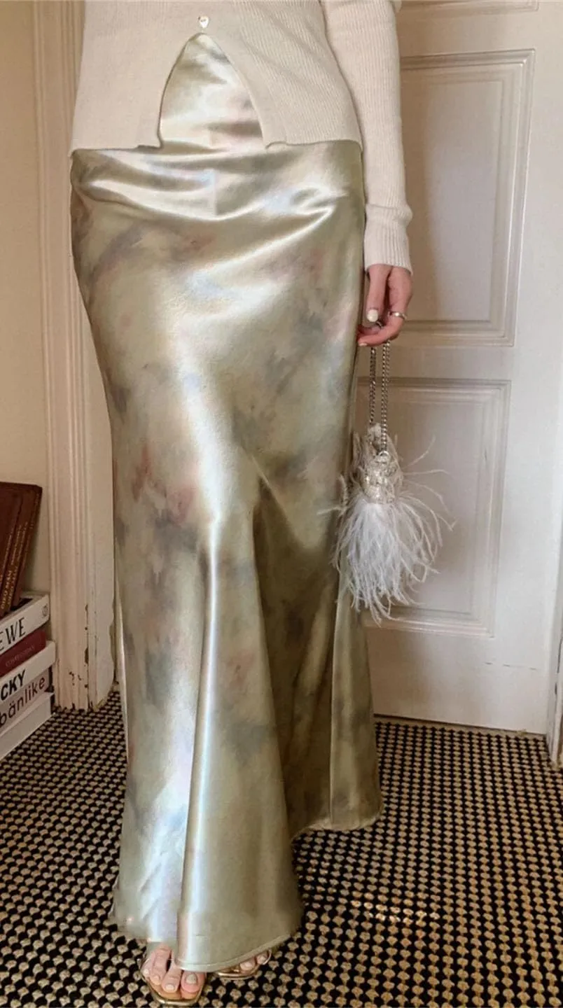 WomanS Long Skirt Silk Smooth Ink Printing High Waist Fishtail Elegant Flower Satin A-Line Skirts