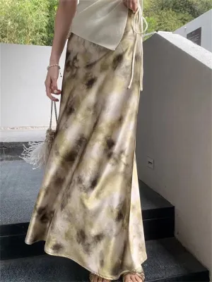 WomanS Long Skirt Silk Smooth Ink Printing High Waist Fishtail Elegant Flower Satin A-Line Skirts