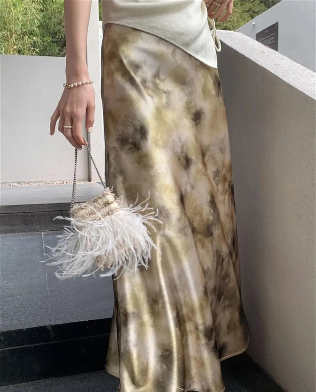 WomanS Long Skirt Silk Smooth Ink Printing High Waist Fishtail Elegant Flower Satin A-Line Skirts